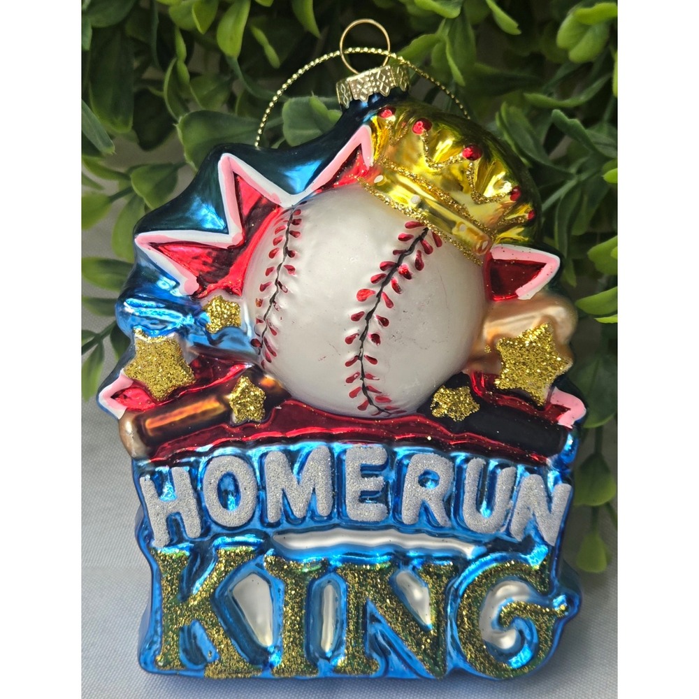 Blown Glass Baseball Ornament Homerun King It's Outta Here Glitter Crown 3.5"